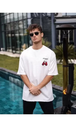 Unisex Bisiklet Yaka Baskılı Oversize T-Shirt - Beyaz
