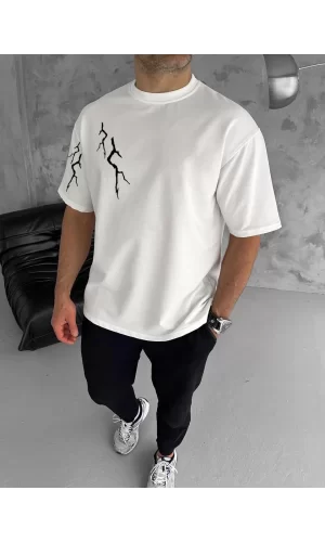 Luz&Pos Unisex Bisiklet Yaka Baskılı Oversize T-shirt - Beyaz