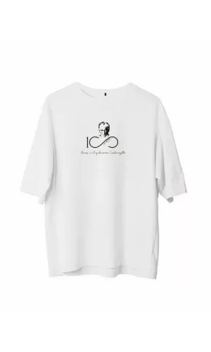 Unisex Bisiklet Yaka Baskılı Oversize T-Shirt - Beyaz