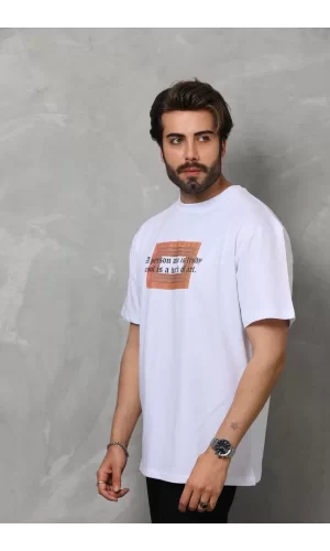 Luz&Pos Unisex Bisiklet Yaka Baskılı Oversize T-shirt - Beyaz