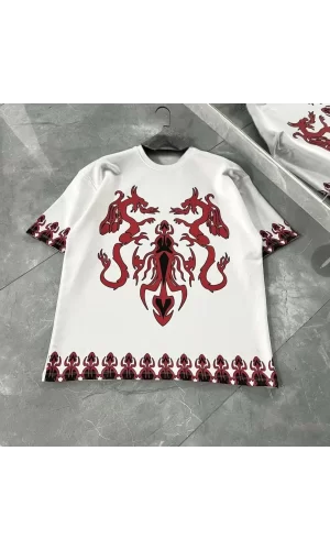 Luz&Pos Unisex Bisiklet Yaka Baskılı Oversize T-shirt - Beyaz