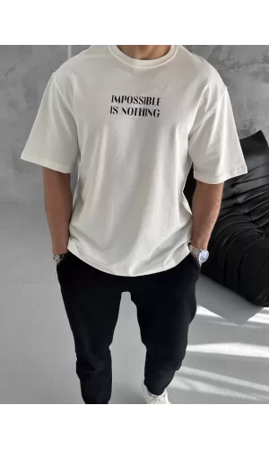 Luz&Pos Unisex Bisiklet Yaka Baskılı Oversize T-shirt - Beyaz