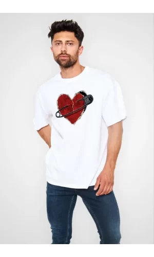 Unisex Bisiklet Yaka Baskılı Oversize T-Shirt - Beyaz