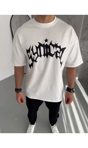 Luz&Pos Unisex Bisiklet Yaka Baskılı Oversize T-shirt - Beyaz