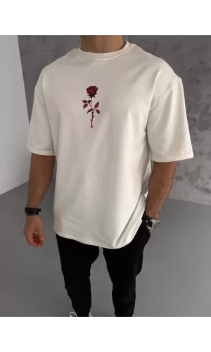 Luz&Pos Unisex Bisiklet Yaka Baskılı Oversize T-shirt - Beyaz
