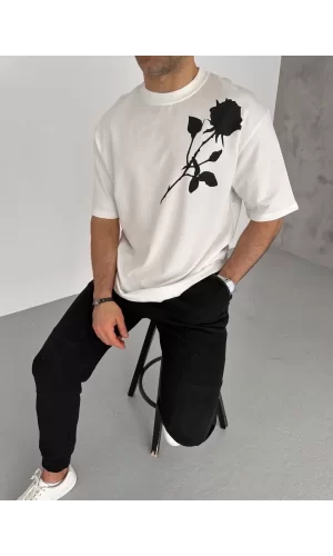 Luz&Pos Unisex Bisiklet Yaka Baskılı Oversize T-shirt - Beyaz