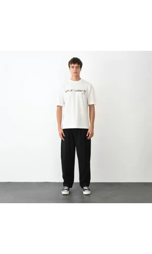 Unisex Bisiklet Yaka Baskılı Oversize T-Shirt - Beyaz