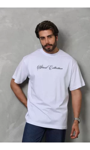 Luz&Pos Unisex Bisiklet Yaka Baskılı Oversize T-shirt - Beyaz