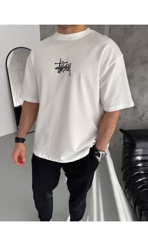 Luz&Pos Unisex Bisiklet Yaka Baskılı Oversize T-shirt - Beyaz