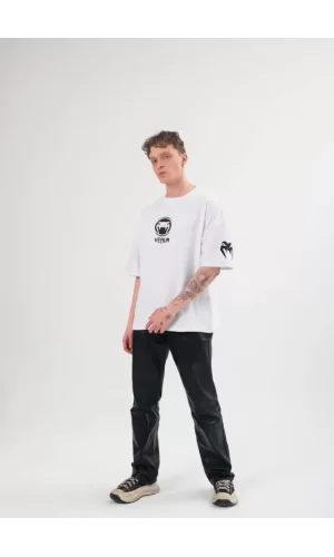 Unisex Bisiklet Yaka Baskılı Oversize T-Shirt - Beyaz