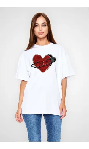 Luz&Pos Unisex Bisiklet Yaka Baskılı Oversize T-shirt - Beyaz
