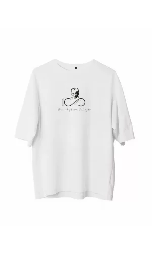 Luz&Pos Unisex Bisiklet Yaka Baskılı Oversize T-shirt - Beyaz