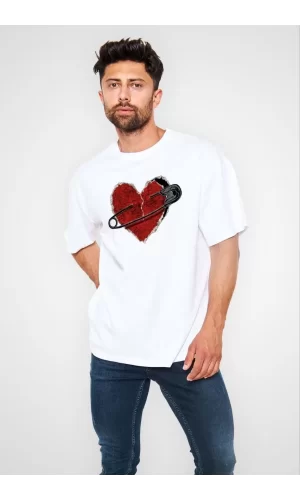 Luz&Pos Unisex Bisiklet Yaka Baskılı Oversize T-shirt - Beyaz