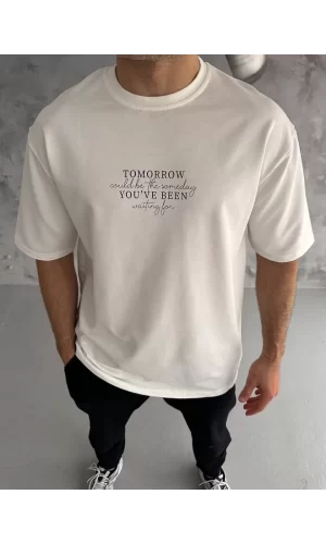 Luz&Pos Unisex Bisiklet Yaka Baskılı Oversize T-shirt - Beyaz