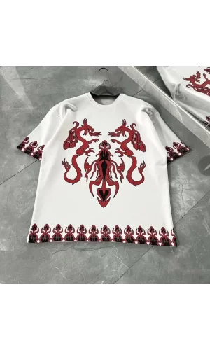 Luz&Pos Unisex Bisiklet Yaka Baskılı Oversize T-shirt - Beyaz