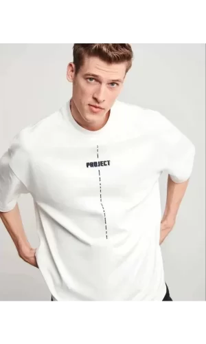 Unisex Bisiklet Yaka Baskılı Oversize T-Shirt - Beyaz