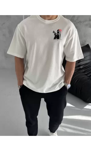 Unisex Bisiklet Yaka Baskılı Oversize T-Shirt - Beyaz