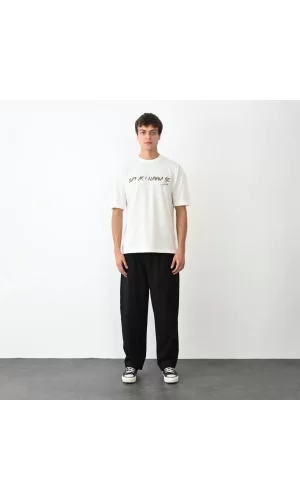 Luz&Pos Unisex Bisiklet Yaka Baskılı Oversize T-shirt - Beyaz