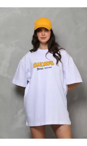 Unisex Bisiklet Yaka Baskılı Oversize T-Shirt - Beyaz