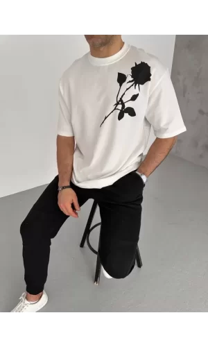 Unisex Bisiklet Yaka Baskılı Oversize T-Shirt - Beyaz