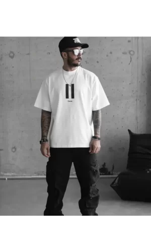 Unisex Bisiklet Yaka Baskılı Oversize T-Shirt - Beyaz