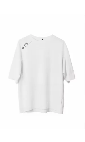 Luz&Pos Unisex Bisiklet Yaka Baskılı Oversize T-shirt - Beyaz