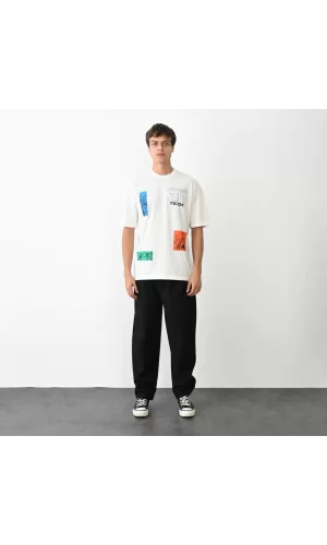 Luz&Pos Unisex Bisiklet Yaka Baskılı Oversize T-shirt - Beyaz