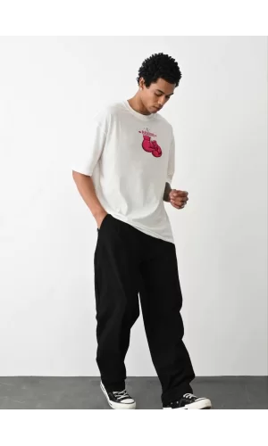 Luz&Pos Unisex Bisiklet Yaka Baskılı Oversize T-shirt - Beyaz