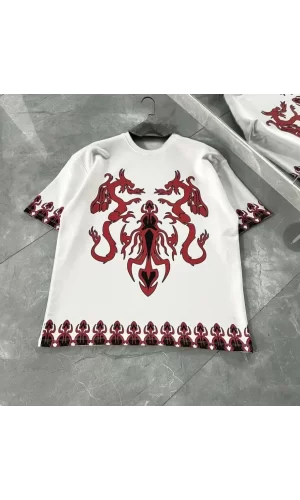 Unisex Bisiklet Yaka Baskılı Oversize T-Shirt - Beyaz