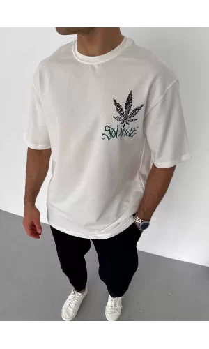 Luz&Pos Unisex Bisiklet Yaka Baskılı Oversize T-shirt - Beyaz