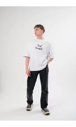 Luz&Pos Unisex Bisiklet Yaka Baskılı Oversize T-shirt - Beyaz