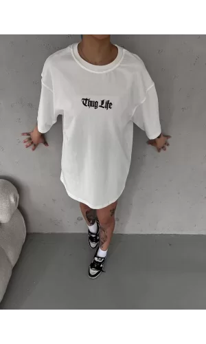 Luz&Pos Unisex Bisiklet Yaka Baskılı Oversize T-shirt - Beyaz