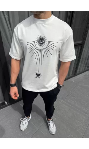 Unisex Bisiklet Yaka Baskılı Oversize T-Shirt - Beyaz