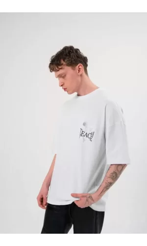 Unisex Bisiklet Yaka Baskılı Oversize T-Shirt - Beyaz