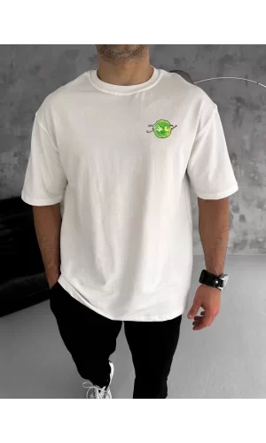 Luz&Pos Unisex Bisiklet Yaka Baskılı Oversize T-shirt - Beyaz