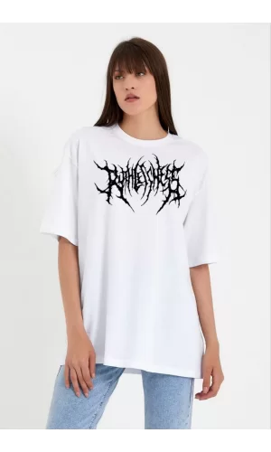 Luz&Pos Unisex Bisiklet Yaka Baskılı Oversize T-shirt - Beyaz