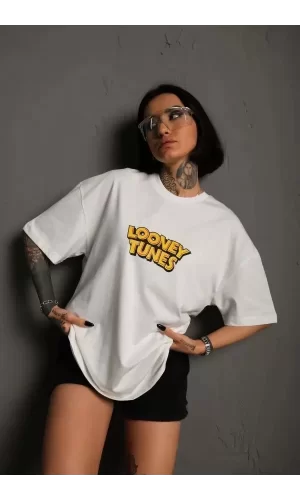 Luz&Pos Unisex Bisiklet Yaka Baskılı Oversize T-shirt - Beyaz