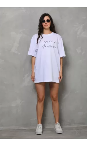Unisex Bisiklet Yaka Baskılı Oversize T-Shirt - Beyaz