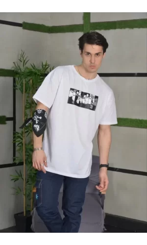 Luz&Pos Unisex Bisiklet Yaka Baskılı Oversize T-shirt - Beyaz