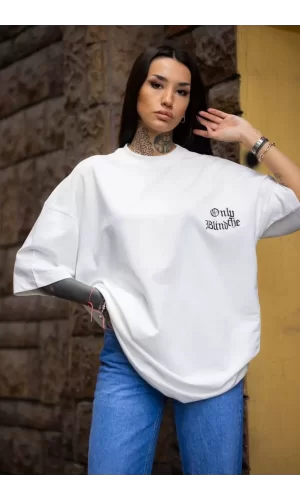 Luz&Pos Unisex Bisiklet Yaka Baskılı Oversize T-shirt - Beyaz