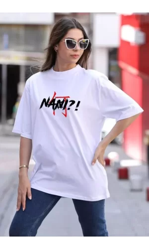 Luz&Pos Unisex Bisiklet Yaka Baskılı Oversize T-shirt - Beyaz