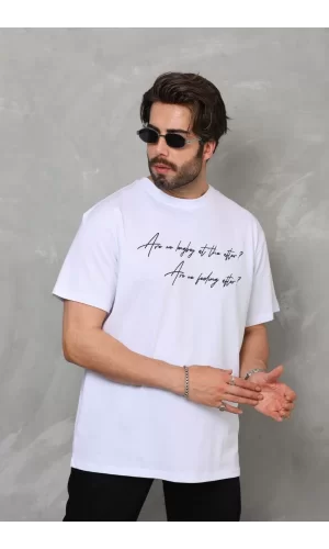 Luz&Pos Unisex Bisiklet Yaka Baskılı Oversize T-shirt - Beyaz