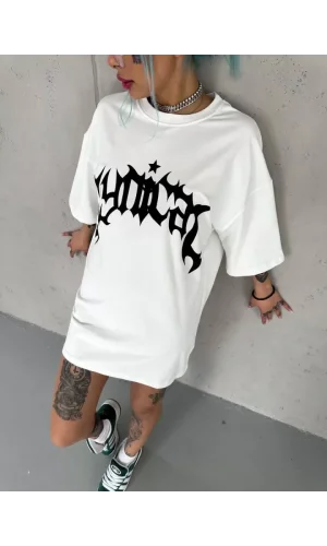 Unisex Bisiklet Yaka Baskılı Oversize T-Shirt - Beyaz