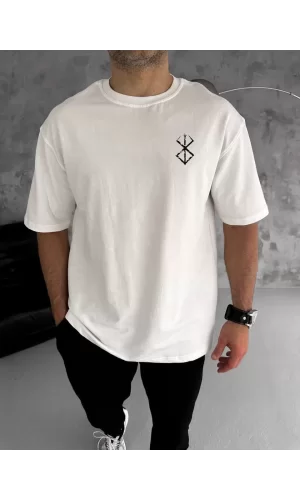 Luz&Pos Unisex Bisiklet Yaka Baskılı Oversize T-shirt - Beyaz