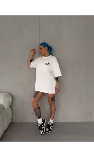 Luz&Pos Unisex Bisiklet Yaka Baskılı Oversize T-shirt - Beyaz