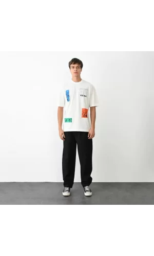 Unisex Bisiklet Yaka Baskılı Oversize T-Shirt - Beyaz