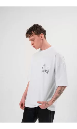 Luz&Pos Unisex Bisiklet Yaka Baskılı Oversize T-shirt - Beyaz
