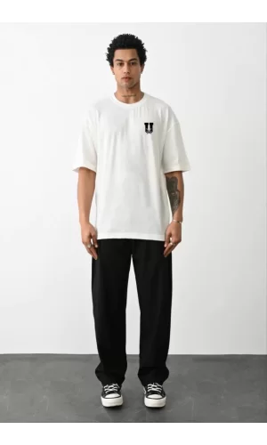 Luz&Pos Unisex Bisiklet Yaka Baskılı Oversize T-shirt - Beyaz