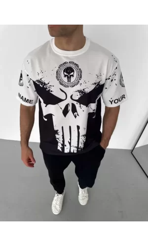 Unisex Bisiklet Yaka Baskılı Oversize T-Shirt - Beyaz