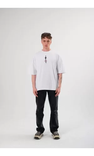 Luz&Pos Unisex Bisiklet Yaka Baskılı Oversize T-shirt - Beyaz